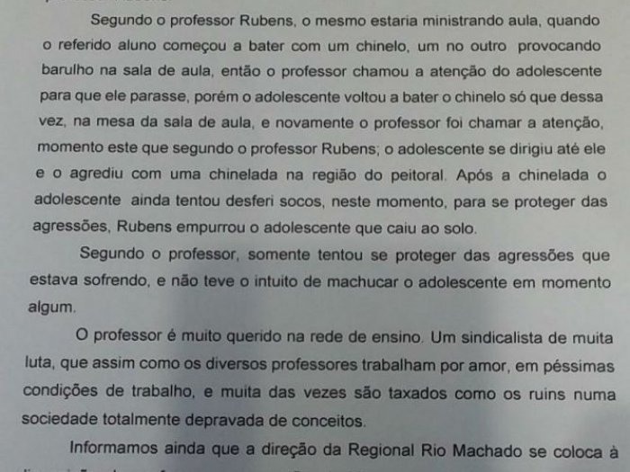 NOTA DE APOIO AO PROFESSOR RUBENS DA SILVA