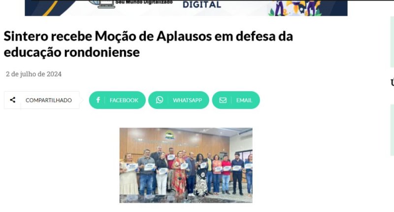 SINTERO NA MÍDIA: Moção de Aplauso em Câmama de Porto Velho é destaque