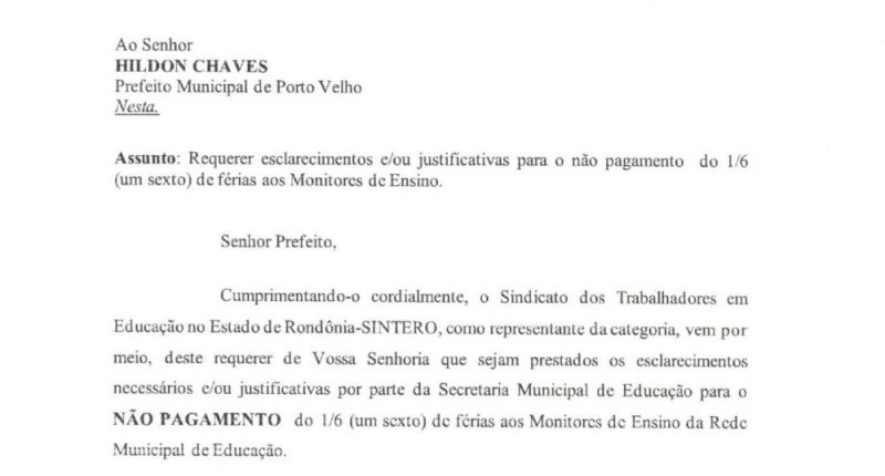 Prefeitura de Porto Velho descumpre a legislação e não paga 1/6 de férias aos servidores monitores de ensino