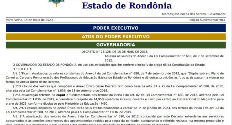 Seduc publica tabela salarial do Piso do Magistério e encaminha PL de reajuste salarial dos técnicos educacionais à ALE/RO