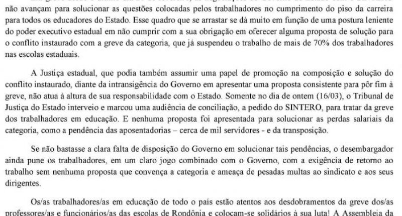 CNTE divulga moção de repúdio ao governo de Rondônia em apoio à greve