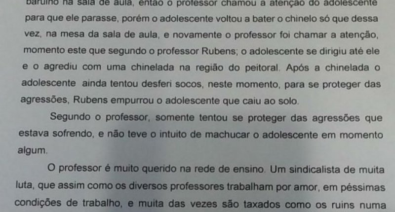 NOTA DE APOIO AO PROFESSOR RUBENS DA SILVA